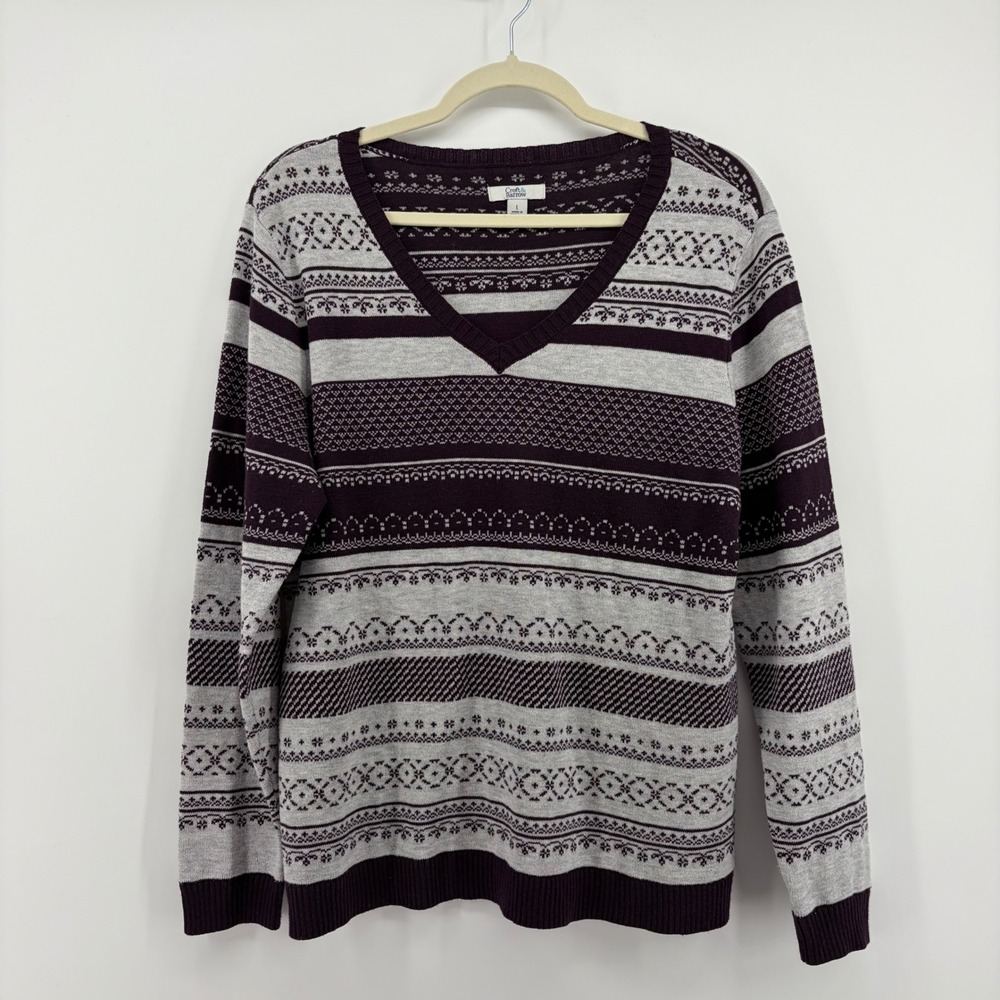 Croft &‎ Barrow V-Neck Sweater Purple Grey Womens Large Fair Isle Striped Knit